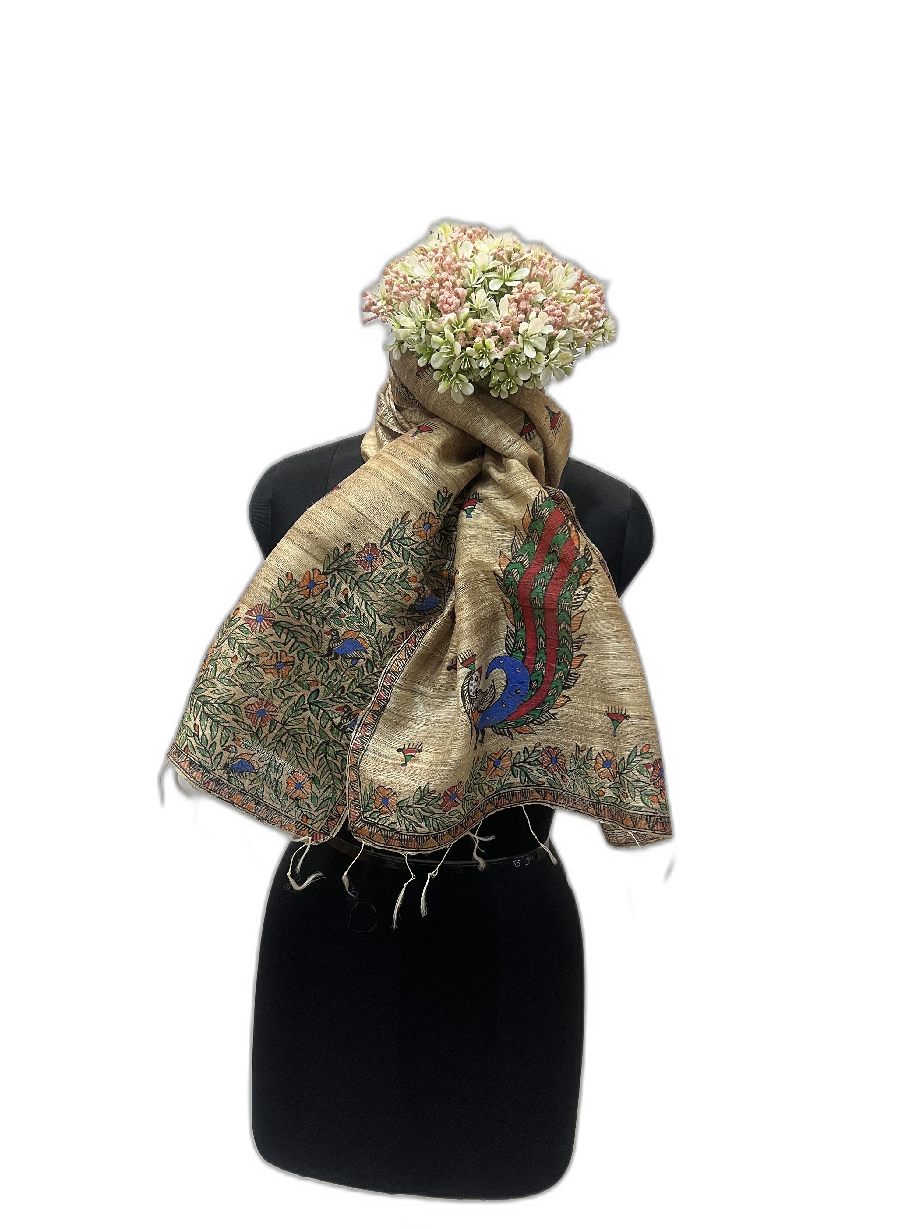 Ghicha Silk Stole in Natural with Handpainted Madhubani Peacock Motif